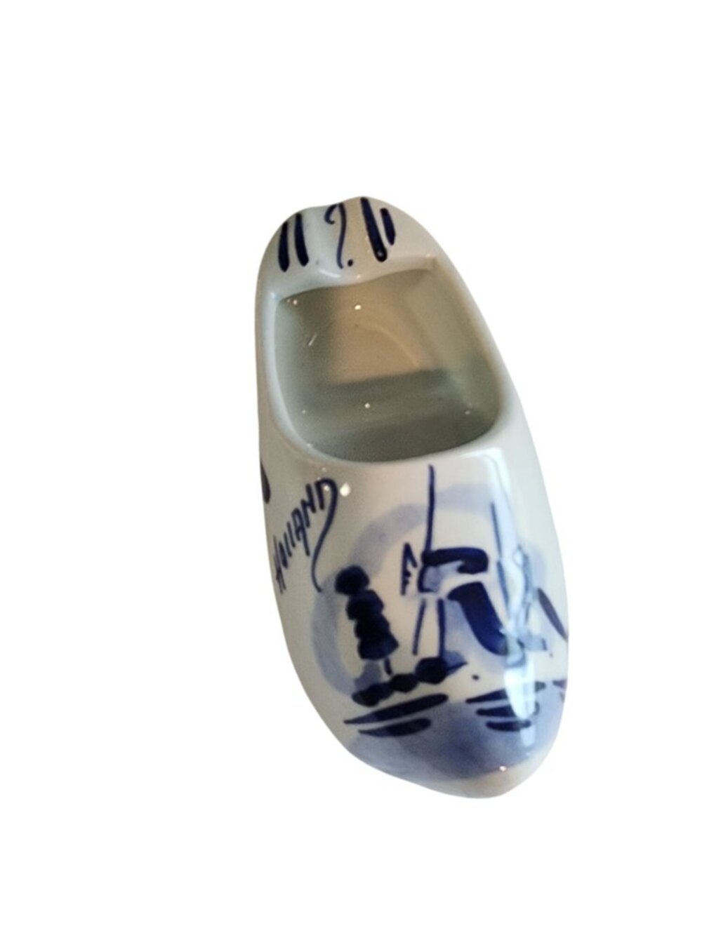 White Ceramic Delft blue souvenir clog featuring hand-painted windmill designs